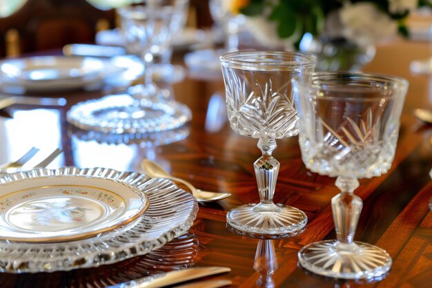 Elegantes sobremesas de cristal em uma mesa de jantar polida