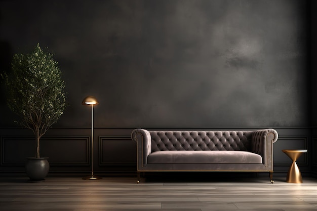 Elegantes Sofa in einem klassischen Zimmer mit dunklen Wänden eine stilvolle Fußbodenlampe und ein Topfbaum, der die luxuriöse Einrichtung verbessert Leere Wand Kopieren Sie Platz für Ihr Kunstwerk Bildposter Generative KI