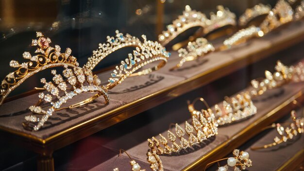 Elegantes tiaras en una exhibición real Ilustración generada por IA