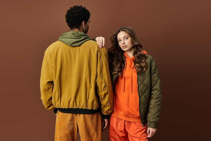 Foto los elegantes trajes de otoño brillan cuando una joven pareja abraza la temporada con colores vibrantes
