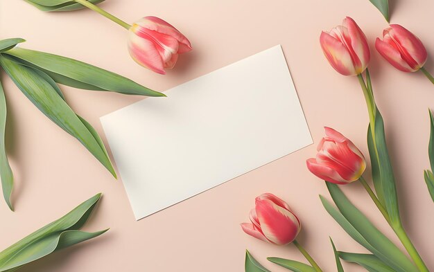 Elegantes tulipanes blancos y una tarjeta de felicitación en blanco sobre un fondo pastel