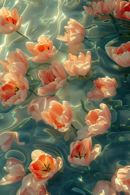 Foto elegantes tulipanes en plena floración flotando en un estanque pacífico bañado por la luz del sol