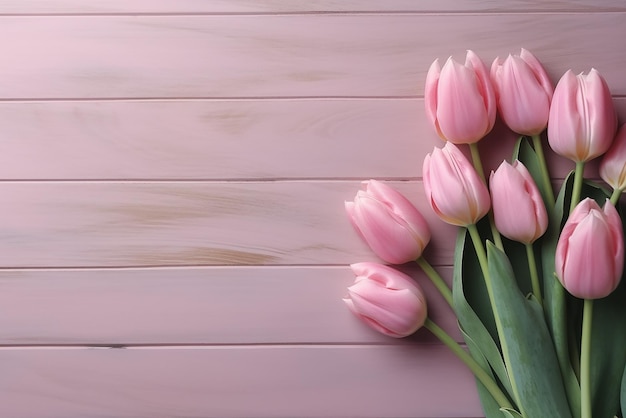 Elegantes tulipanes rosados sobre una mesa de madera rosa claro Creado con herramientas generativas de IA