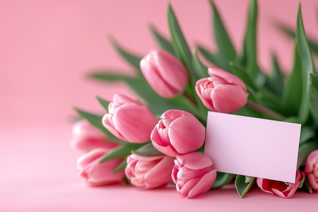 Elegantes tulipanes rosados con una tarjeta en blanco