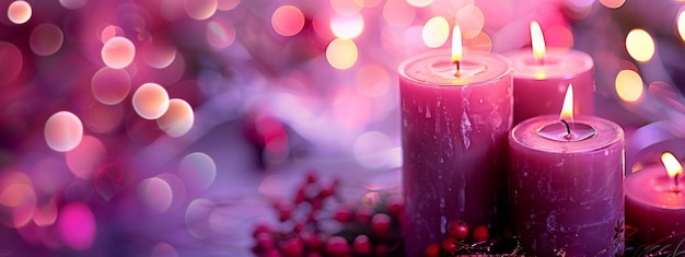 Elegantes velas aromáticas rosadas en llamas brillan en medio de encantadoras luces bokeh que ofrecen una espalda cautivadora