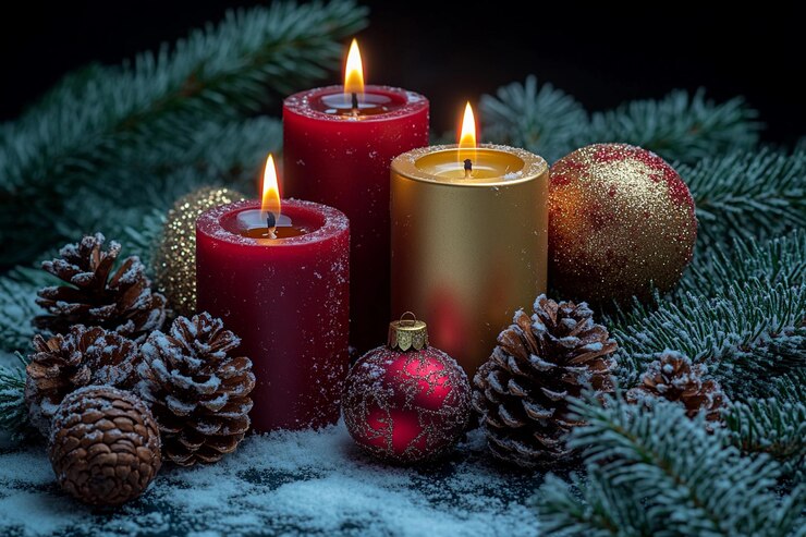 Elegantes velas navideñas rodeadas de decoraciones festivas y vegetación invernal IA generativa
