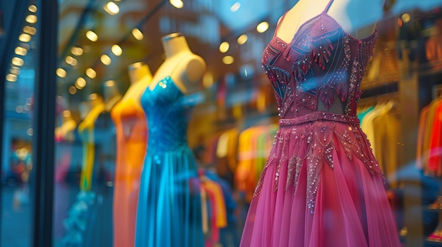 Elegantes vestidos de noche exhibidos en la ventana de una boutique al anochecer