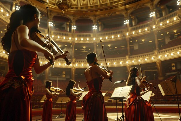 Foto elegantes violinistas actuando en un gran concierto