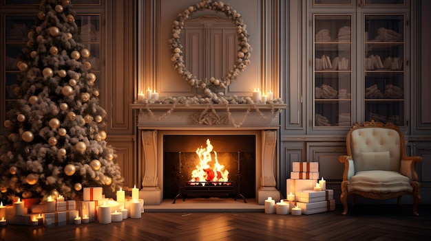 Elegantes Weihnachtswohnzimmer mit Kamin und Baum
