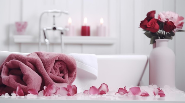 Elegantes weißes Badezimmerinterieur mit Rosen und Kerzen Ein entspannendes Badezimmer