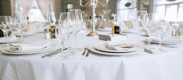 Elegantes weißes Hochzeitstischset mit Tellern, Gabeln und Gläsern