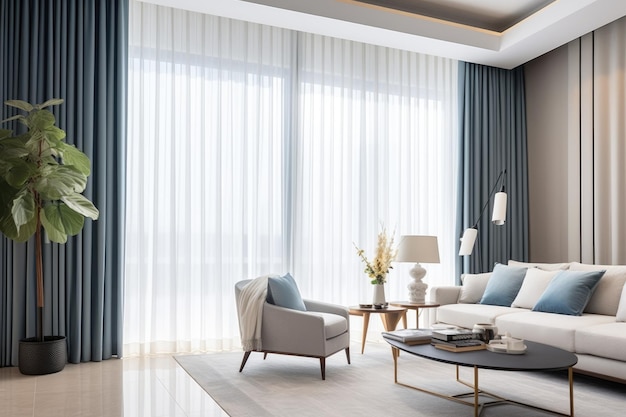 Elegantes Wohnzimmer im minimalistischen Stil mit luxuriösen Vorhängen