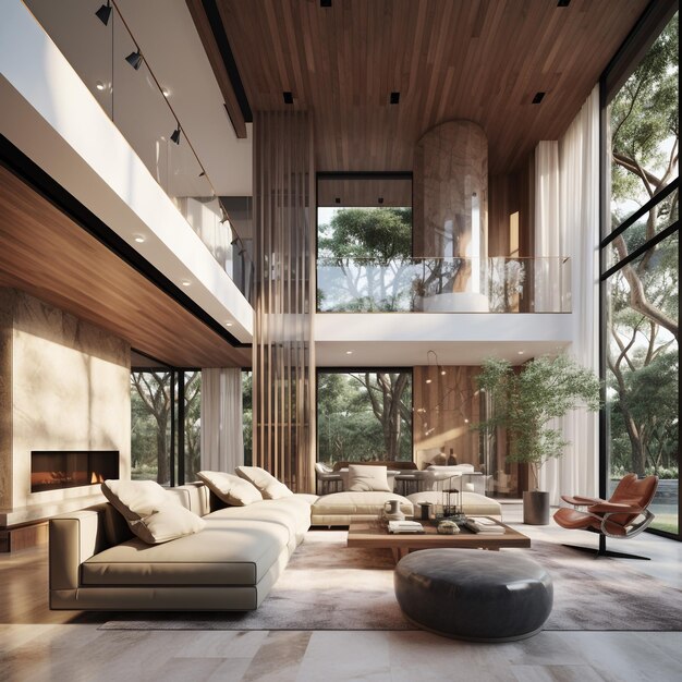 elegantes Wohnzimmer in einer modernen Villa mit Holz