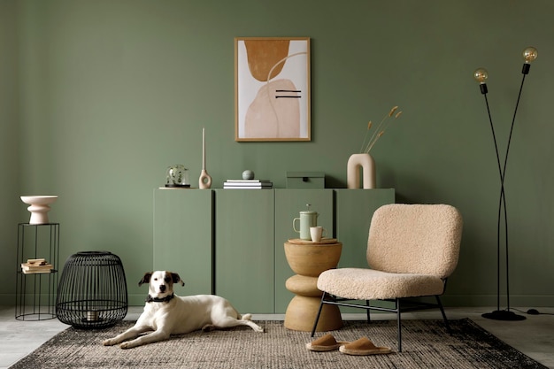 Elegantes Wohnzimmer-Innendesign mit Mockup-Plakatrahmen, moderner Frotte-Sessel, Holzkommode, schöner Hund, der auf dem Teppich liegt, und stilvollen Accessoires Eukalyptus-Wandvorlage Kopierraum