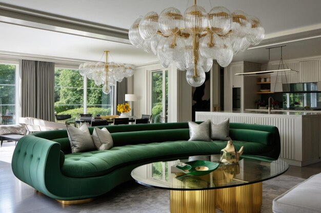 Elegantes Wohnzimmer mit einem grünen Samtsofa, einem stilvollen Glasleuchter und einem goldenen Coffee-Tisch