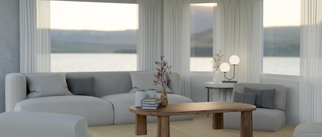 Elegantes Wohnzimmer mit hellgrauem Couchtisch aus Holz und Panoramaglasfenster