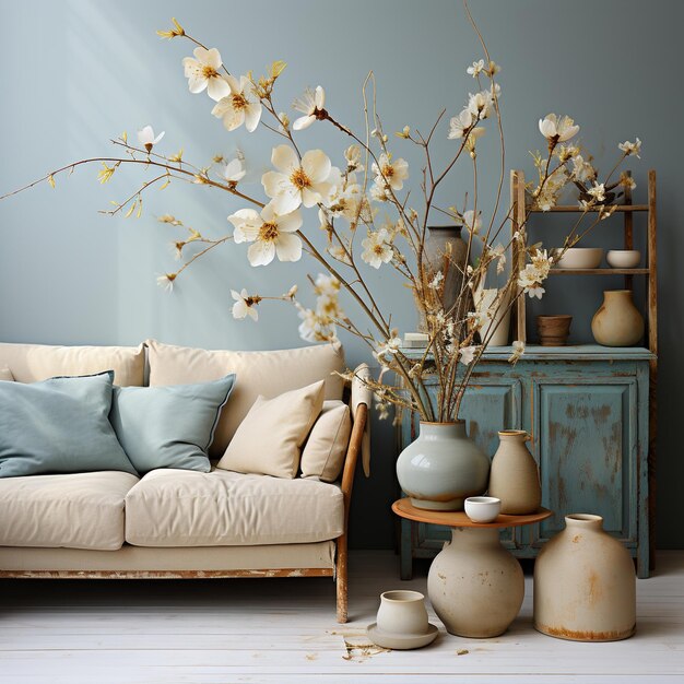 Elegantes Wohnzimmerinterieur mit Sofa und Blumenvase