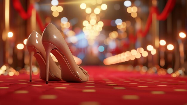 Foto elegantes zapatos de tacón alto beige en una alfombra roja los zapatos se colocan en el centro del marco y la alfombra rojo se extiende delante de ellos