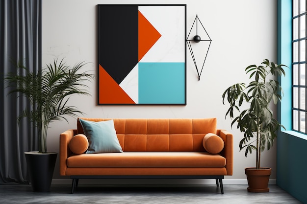 Elegantes Zimmer mit orangefarbener Couchpflanze und weißem Wandrahmen, Vintage-Rahmen an der Wand, generative KI
