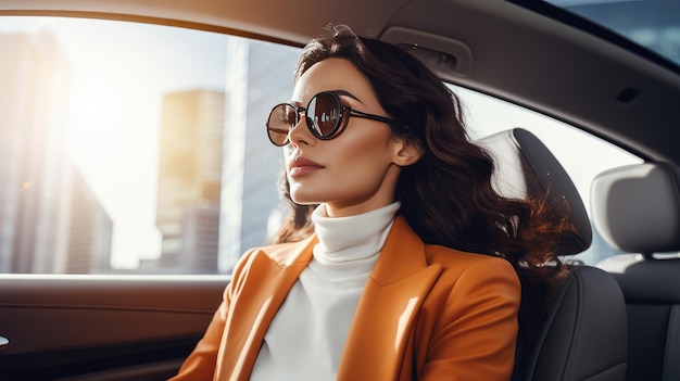Eleganz trifft auf Effizienz, als eine stilvolle Frau in einem Wintermantel und Brille ihre Geschäftsangelegenheiten verwaltet, während sie in ihrem Auto unterwegs ist
