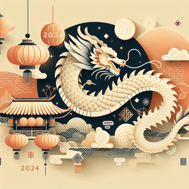 Eleganz trifft auf Tradition in diesem modernen Kunstdesign für das chinesische Neujahr 2024 überflutet mit rotem Gold