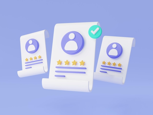 Elegir al mejor candidato para el trabajo con una marca de verificación en el perfil del currículum Búsqueda de empleo Agencia de contratación Búsqueda de contratación en línea Nuevo empleado Gestión de recursos humanos y contratación Ilustración de representación 3d