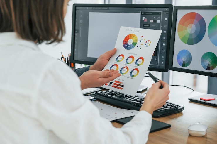 Foto elegir los colores correctos dos diseñadores trabajando juntos en la oficina