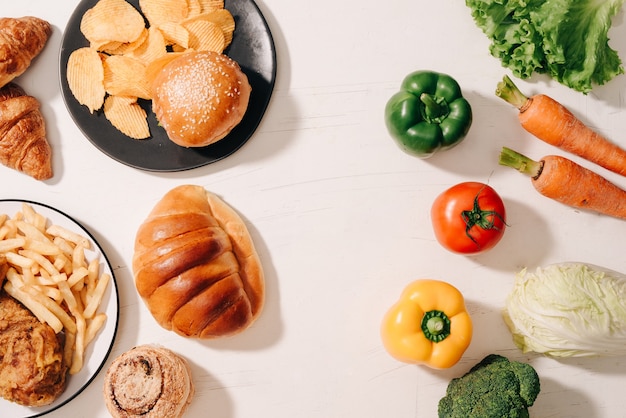 Elegir entre frutas y dulces. Alimentos saludables versus no saludables. Pérdida de peso. Pasteles tentadores poco saludables y frutas saludables