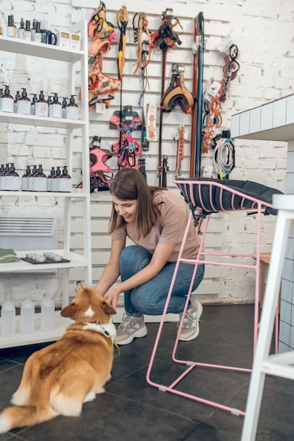 Elegir juguetes. Niña de pelo oscuro y su corgi eligiendo juguetes en una tienda de mascotas