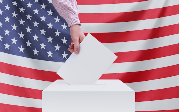 Foto eleição américa conceito eleitoral uma mão joga uma cédula na urna de votação bandeira americana