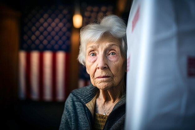 Foto eleitora americana em uma delegacia eleitoral votando para decidir o próximo presidente dos estados unidos