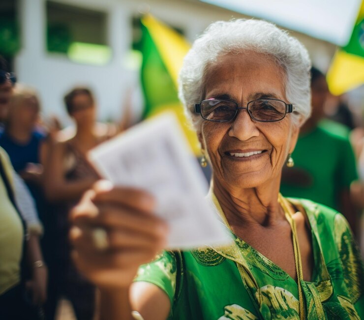 Foto eleitora brasileira em uma secao eleitoral votando