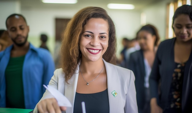 Eleitora brasileira em uma secao eleitoral votando