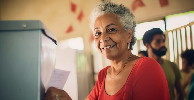 Foto eleitora brasileira em uma secao eleitoral votando