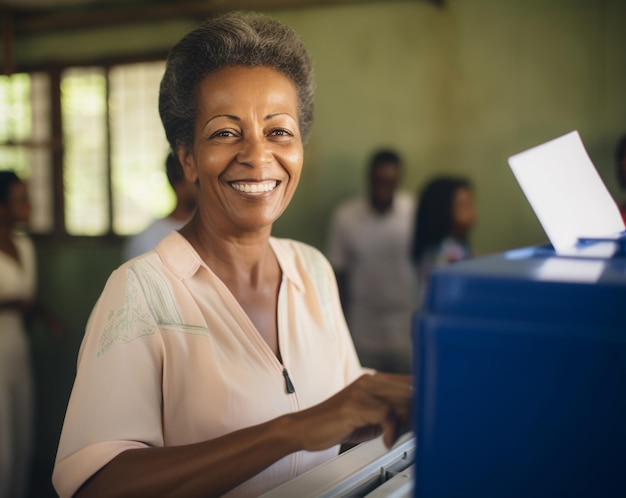 Eleitora brasileira em uma secao eleitoral votando