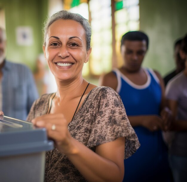 Eleitora brasileira em uma secao eleitoral votando