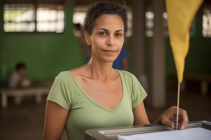 Foto eleitora brasileira em uma secao eleitoral votando