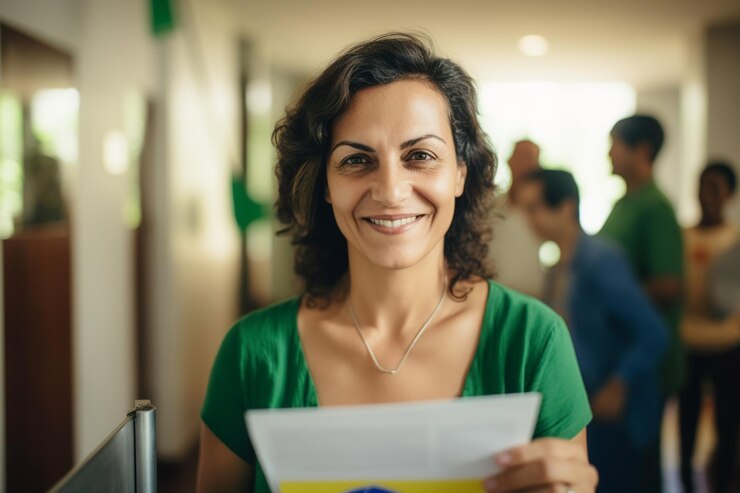 Foto eleitora brasileira em uma secao eleitoral votando