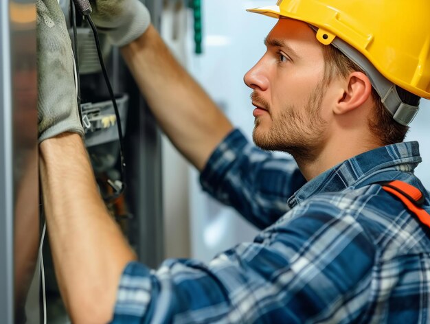 Foto elektriker, der an einer platte arbeitet