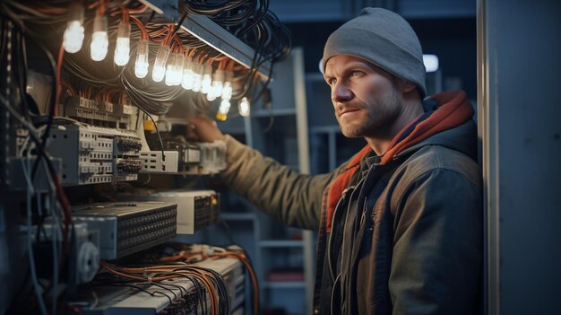 Foto elektriker mit hut, der an einer industrieplatte arbeitet