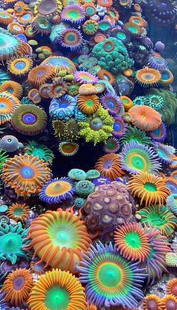 Elektrische blaue Korallen in einem lebendigen Riff mit farbenfrohen Pflanzen