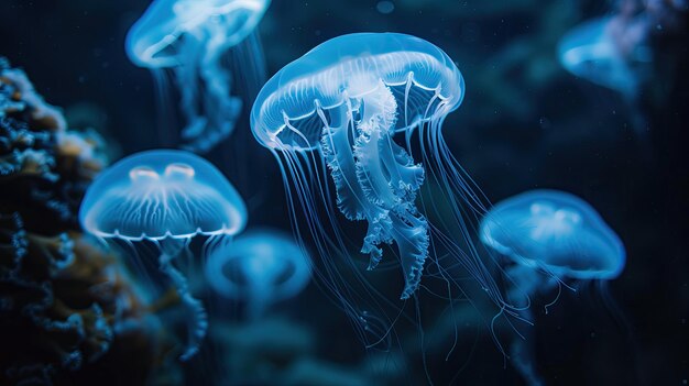 Elektrische blaue Quallen mit Biolumineszenz schwimmen in azurfarbenem Wasser