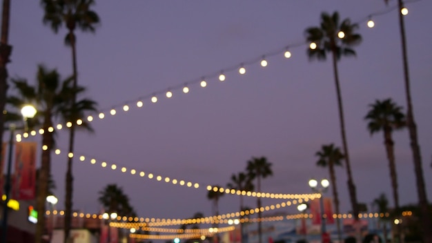 Elektrische Girlande, Palmen Kalifornien USA. Strandsonnenuntergang, Küstendämmerungshimmel. Lichter in Los Angeles.