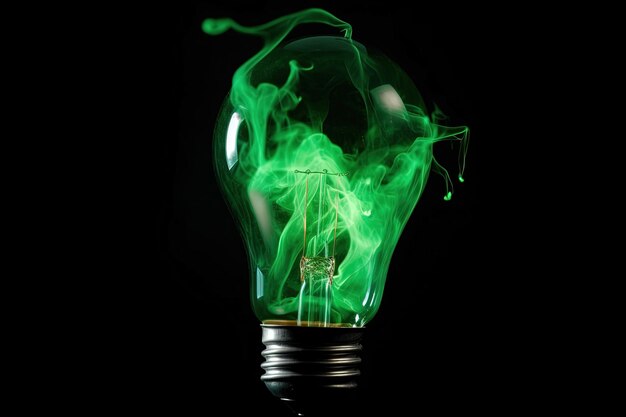 Elektrische Glühbirne mit grünem Rauch im Inneren auf schwarzem Hintergrund Konzept ökologischer Probleme