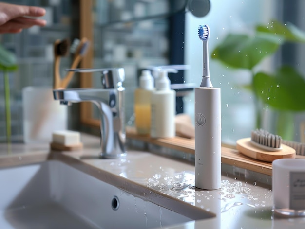 Elektrische Zahnbürste auf der Badezimmerplatte