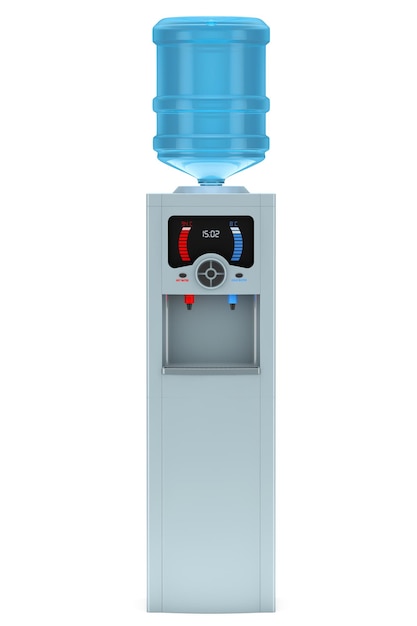 Elektrischer Wasserkühler mit Flasche auf weißem Hintergrund