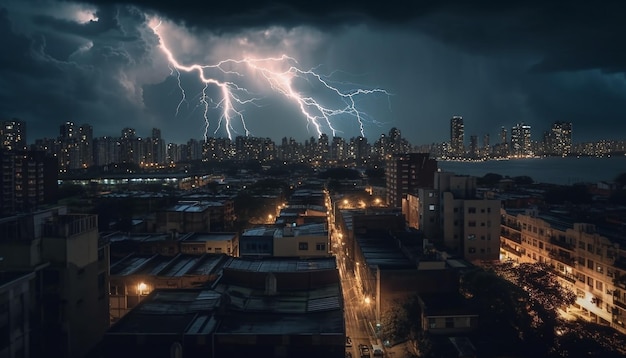 Elektrizität beleuchtet die Stadt bei gefährlichem Gewitterwetter, das von KI erzeugt wird