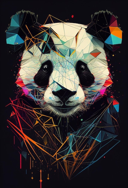 Elektro-Panda in geometrischem Stil auf schwarzem Hintergrund KI-generiert