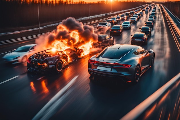 Foto elektro-sportwagen, ev-batterieexplosion, feuer, flammen, sonnenuntergang auf der autobahn