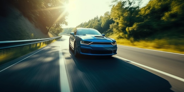 Elektroauto fährt auf der Straße mit grüner Natur und blauem Himmel, Bewegungsunschärfe im Hintergrund. Generative KI